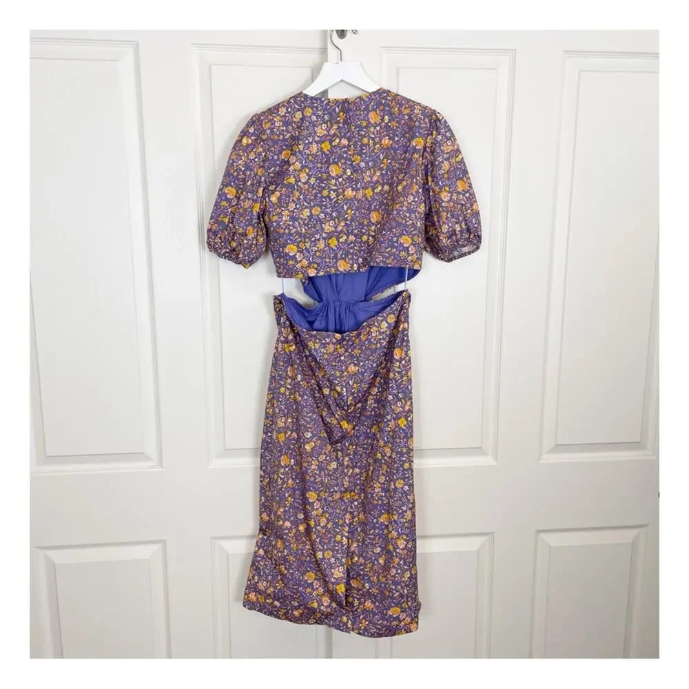 J. Crew Midnight Floral Cutout Midi Dress Puff Sleeve Cotton Poplin NWOT Sz 10